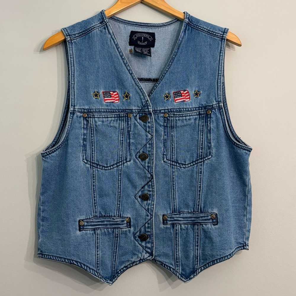 Vintage Solutions Original Denim Vest with Flag Patches and Pockets
